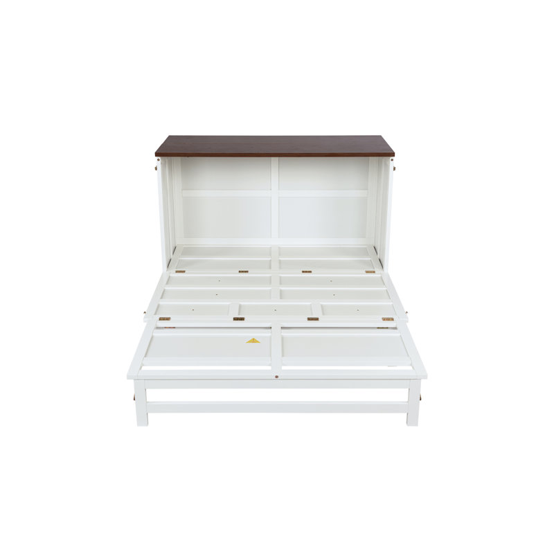 Armoire de lit escamotable complète avec tiroir de rangement et station de charge, port USB, cadre de lit escamotable en pin massif pour bureau à domicile, studio ou chambre d'amis, noyer blanc