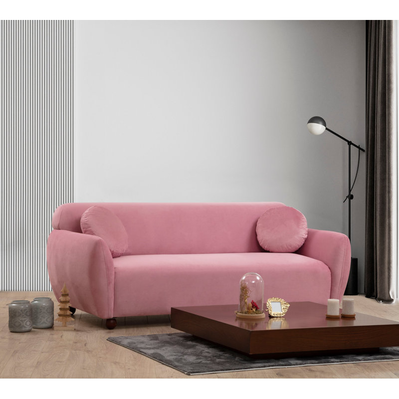 Canapé moderne 3 places, rose poudré, 87,8 x 32,7 x 33,9 pouces | Structure en bois de hêtre et en carton, tissu 100% polyester, coussins fixes avec mousse grise de 8 cm et plume de 5 cm | Comprend 2 coussins, pieds en noyer, nettoyage à sec