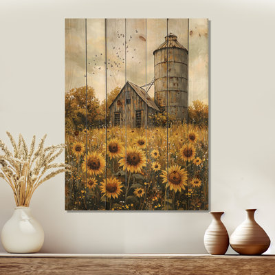 Farm Sunflowers Around The Silo II - Sunflowers Wood Wall Decor - On Natural Pine Wood