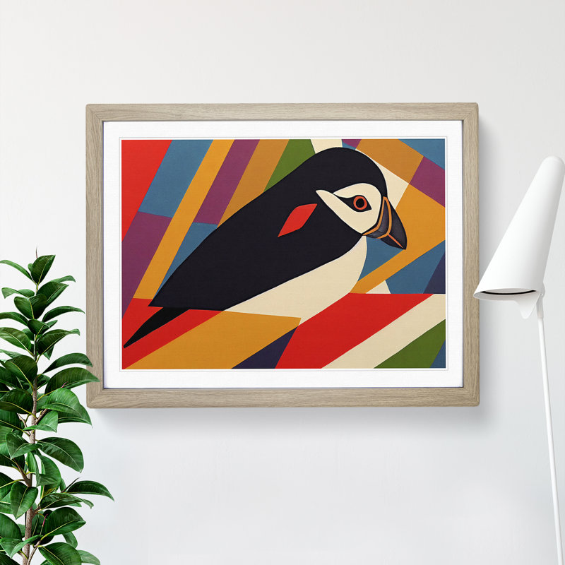 Puffin Bird Abstract Vol.2 - Single Picture Frame Print, 25cm H x 34cm W x 2cm D, Oak Framed