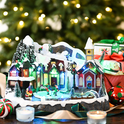  Christmas Village Sledding Down Hill, Pre-Lit Lighted Christmas House Large Snow Skating Pond Dynamic Scenes Cottage Decoration Gift for Table Top Decoration 13.3 Inch