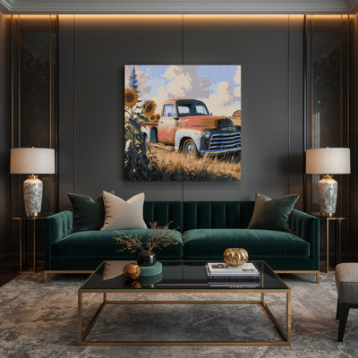 Farm Old Pickup Trucks Gray Canvas Wall Art