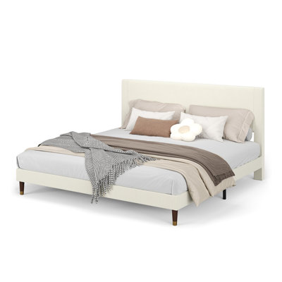 King Bed Frame Upholstered Platform Bed With Fabric Headboard, Non-Slip And Noise-Free