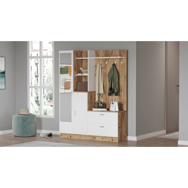 Dmasiell Hall Tree 140cm Wide with Bench and Shoe Storage, Oak/White