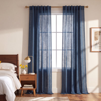  Semi Sheer Linen Curtains, Rod Pocket & Back Tab Thick Flax Blend Privacy with Light Filtering Window Treatments for Bedroom/Living Room, 2 Panels