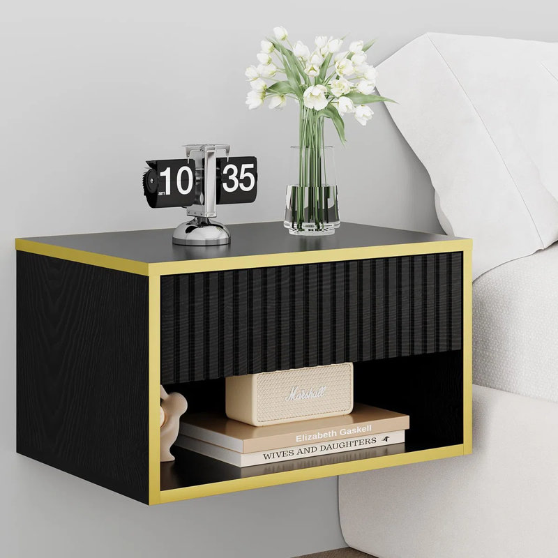 Ensemble de lit plateforme intelligent en cuir avec table de chevet moderne flottante 2 pièces Smart Suite, Double