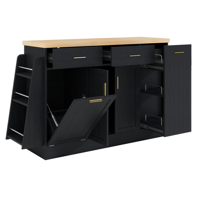 Buffet de rangement multifonctionnel, rangement pour poubelle, armoire à porte coulissante et support à épices à 3 niveaux, îlot de cuisine pour la cuisine, la salle à manger