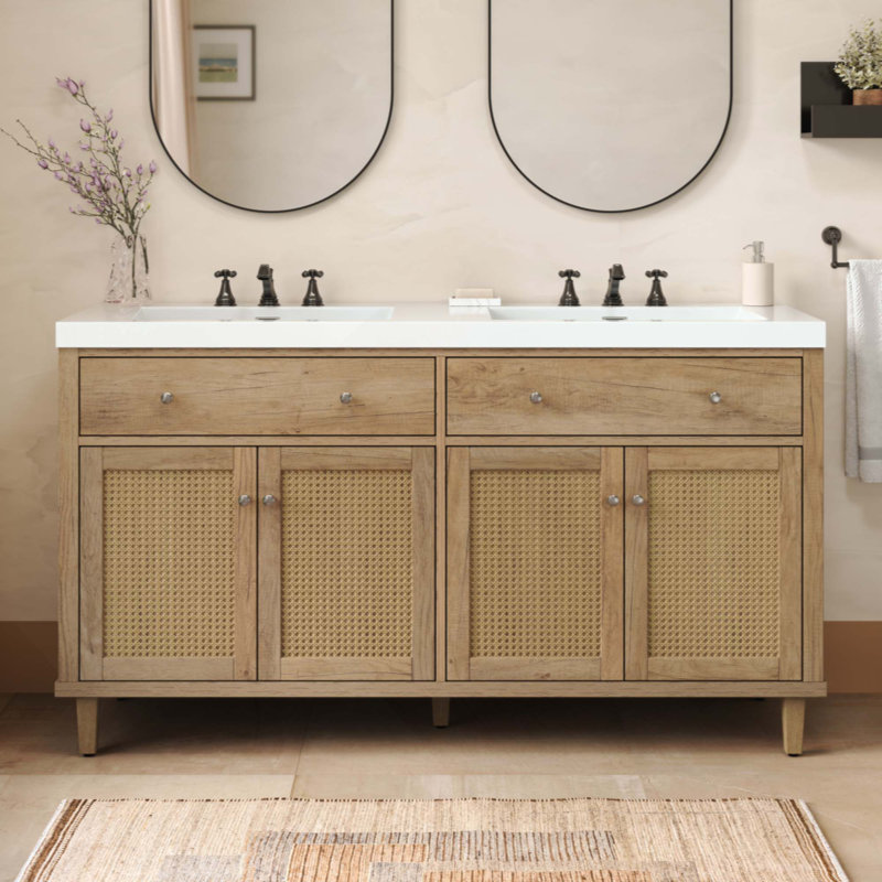Meuble-lavabo de salle de bain avec lavabo double (lavabo SMC), grand espace de rangement avec 2 plateaux rabattables / tiroirs rabattables et 4 portes à fermeture douce, pieds en bois massif et boutons en métal argenté