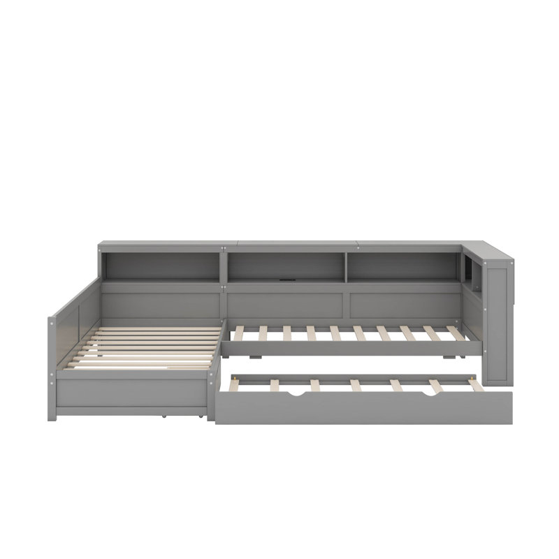 Lit plateforme simple en L avec lit gigogne et tiroir, Gris