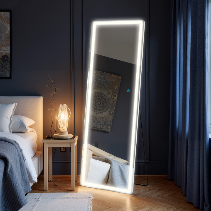 Mirror Full Length Standing Mirror With LED Lights, Lighted Floor Mirror With Stand And Dimming, 64" x 21"