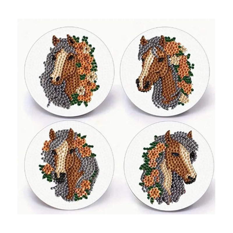 Set of 4 5D Diamond Painting Horse Coasters DIY Diamond Coasters Kit 