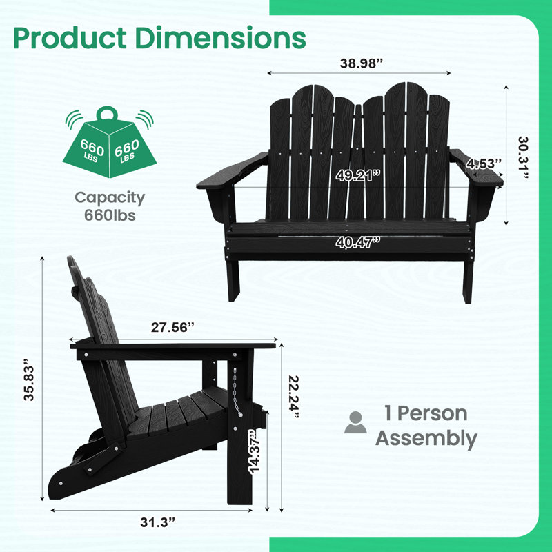 HDPE 49'' Double Folding Adirondack Chair Bench, Black