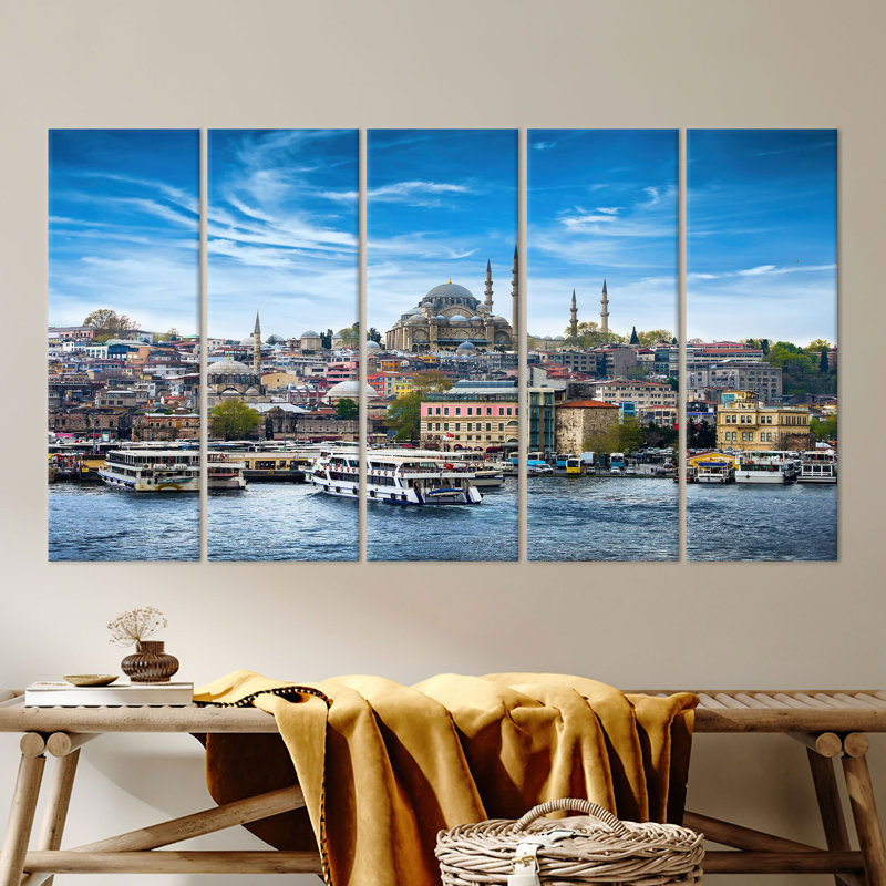 Impression sur toile de la mosquée Süleymaniye : Paysage urbain d'Istanbul, décoration murale, toile tendue en 5 parties