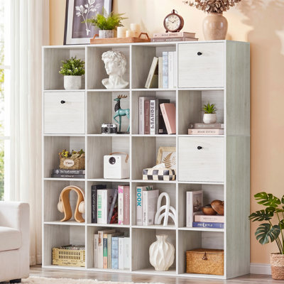 Organisateur de rangement modulaire 20 cubes avec tiroirs en tissu, bibliothèque blanche en bois rustique et paravent individuel