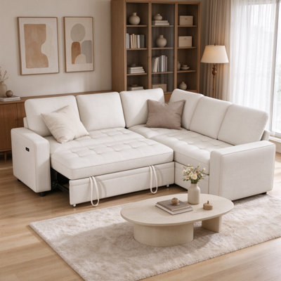 Canapé-lit d'angle modulaire Dyonery 85 po 5 places en chenille, lit gigogne, dossier réglable, port USB et rangement