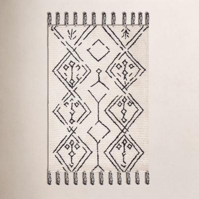 Ezzie Ivory Black Hand-Tufted Wool Moroccan Rug