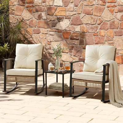 2-Person Outdoor Rocking Chair Set PE Rattan Patio Conversation Sets With 2-Tier Side Table & Cushions