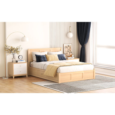 Lit plateforme en bois avec espace de rangement en dessous et 2 tiroirs - construction stable, structure de couleur naturelle,