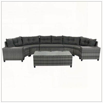 8-Piece Half-Moon Curved Wicker Outdoor Sofa Set with Glass Tables