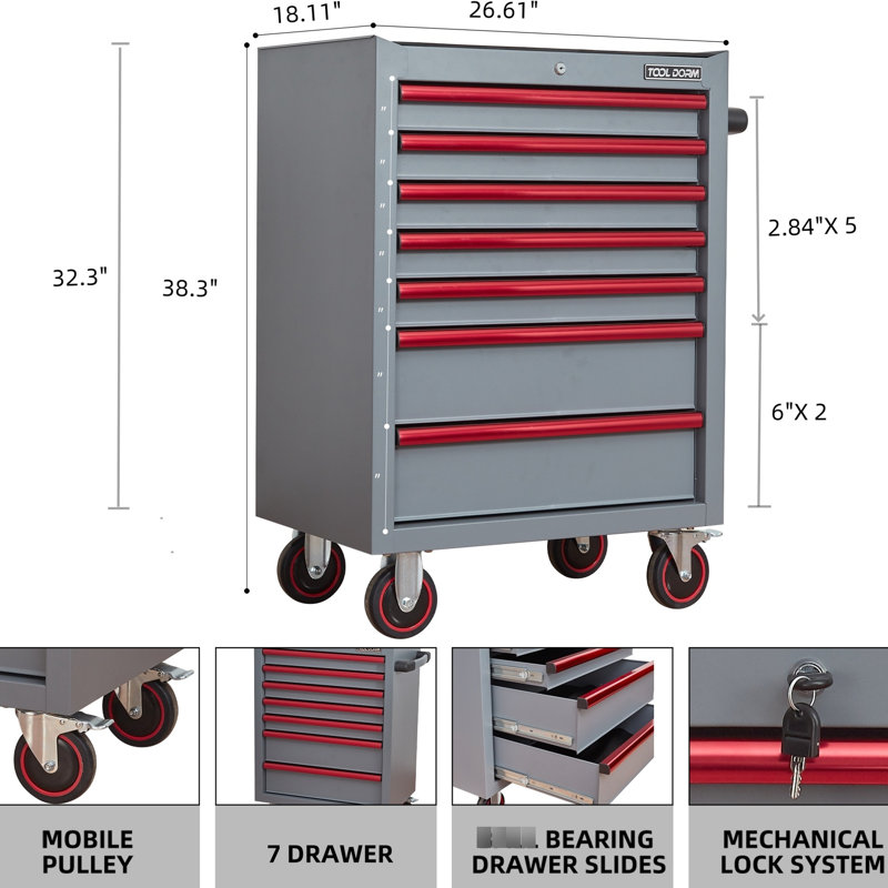 Boîte à outils roulante 26,7 pouces avec 7 tiroirs, conception en acier robuste, roues silencieuses et mécanisme de verrouillage, bleu + rouge, armoire à tiroir en carbone avec construction robuste, mouvement à 4 mouvements, système, gris-brun