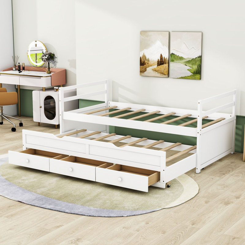 Twin Size Bed with Classic Headboard, Twin Trundle, and Built-In Storage Drawers, White