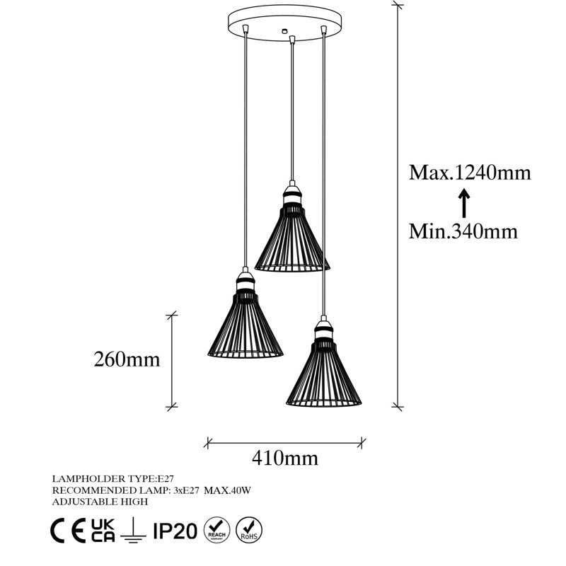 Luminaire suspendu conique à 3 lumières