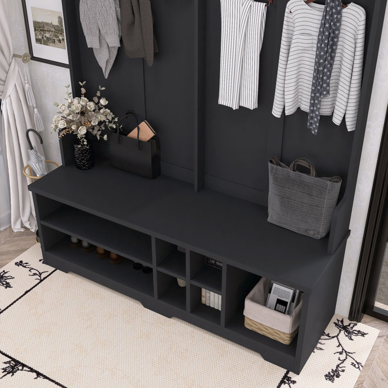 Organisateur de vestibule moderne avec crochets en métal et rangement pour chaussures, Noir