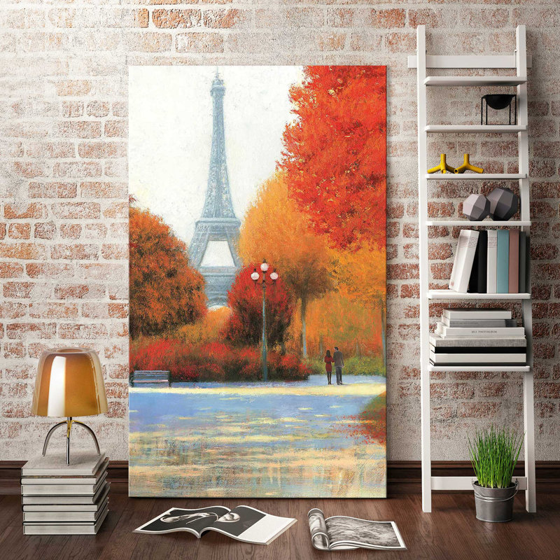 Automne à Paris en couple - Peinture, Toile tendue, H 30 po x l 18 po x P 1 po