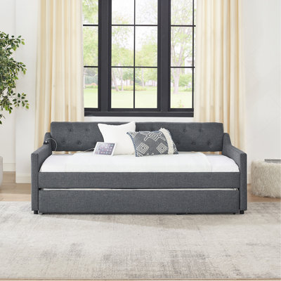 Twin Size Upholstery Daybed With Twin Size Erectable Trundle And USB Charging Design, Linen Dark