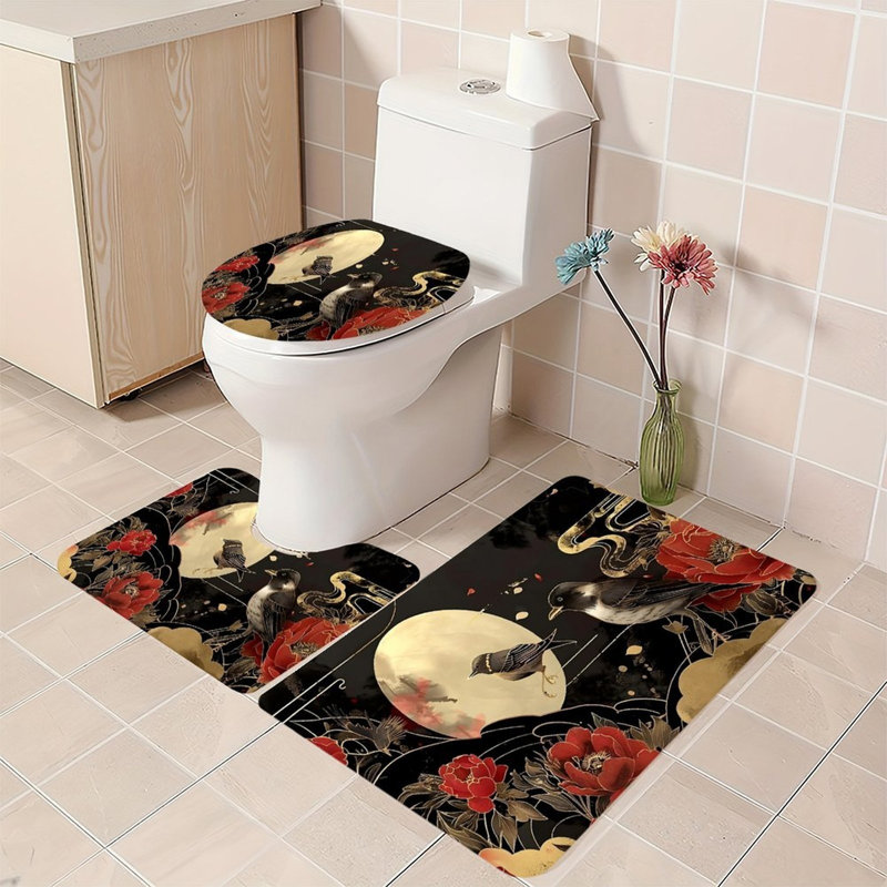 Ensemble de 3 tapis de salle de bain en marbre noir avec veine dorée, Black Marble