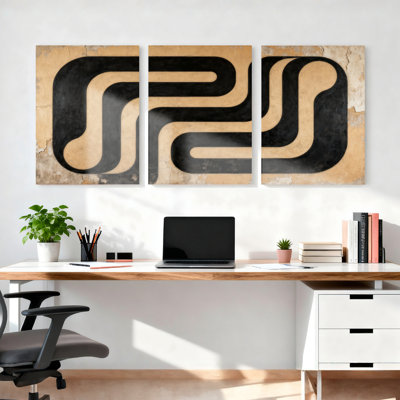 Abstract Geometric Black And Beige Pattern Canvas Wrapped Wall Art Oil Painting Print Set Of 3 For Living Room Bedroom Or Office Decor