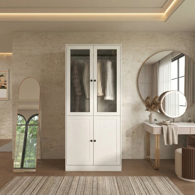 20" D Armoire Wardrobe Closet With Fluted Glass, 71" H Clothing Storage Cabinet With Hanging Rod And Soft-Close Doors by Ebern Designs