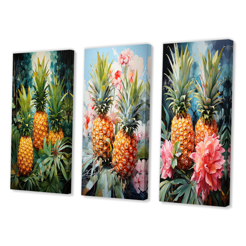 «Pineapples Tropical Dots», 3 pièces sur toile, H 28 po x l 36 po, Toile tendue