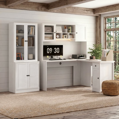 2 Piece Computer Desk Office Set,54'' L-Shaped Desk With Hutch & Power Outlet & Bookcase