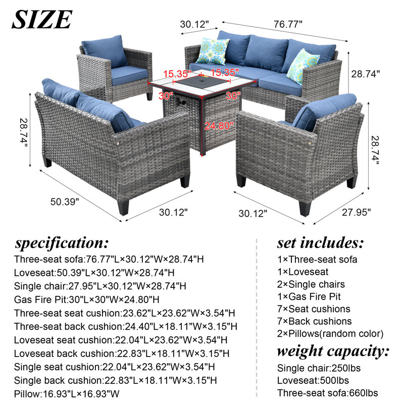 Cracraft 7 - Person Patio Conversation Sets with Cushions, Blue