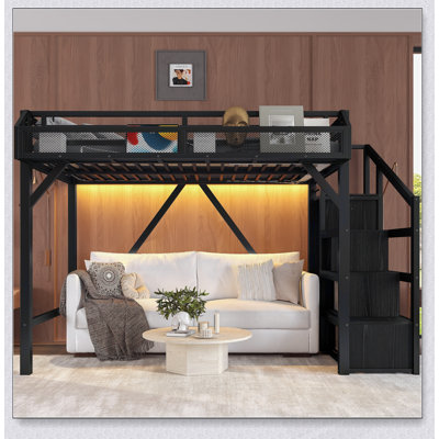 Lit mezzanine avec escalier de rangement, tablettes et garde-robe intégrée, structure en métal avec ports USB et lumières DEL, conception à bruit réduit