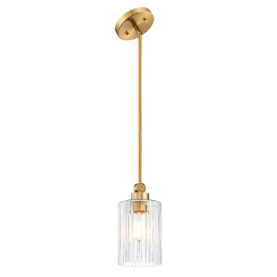 Mini-luminaire suspendu 1 lumière en verre côtelé doré doux, hauteur de suspension réglable, luminaire parfait pour îlots de cuisine, bars, chambres à coucher | Abat-jour en verre de 5 po de diamètre
