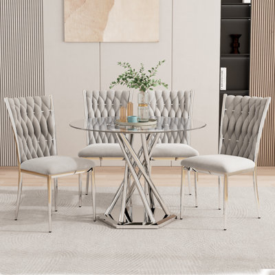 38.9" Dining Table Set for 4, Modern Round Glass Dining Table Set With 4 Upholstered Chairs, for Dining, Kitchen