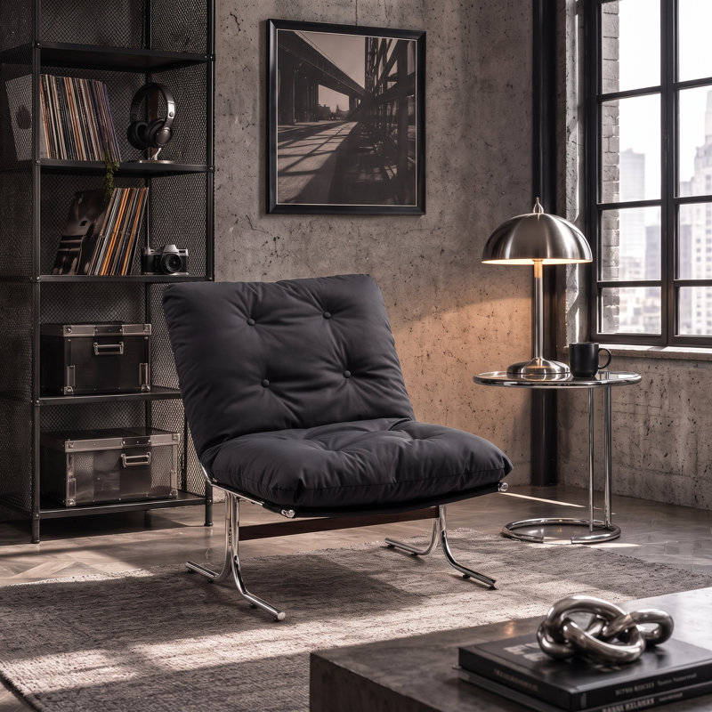 Mid-Century Modern Faux Leather Bauhaus Inspired Chrome Leg Lounge Chair, Matte Black