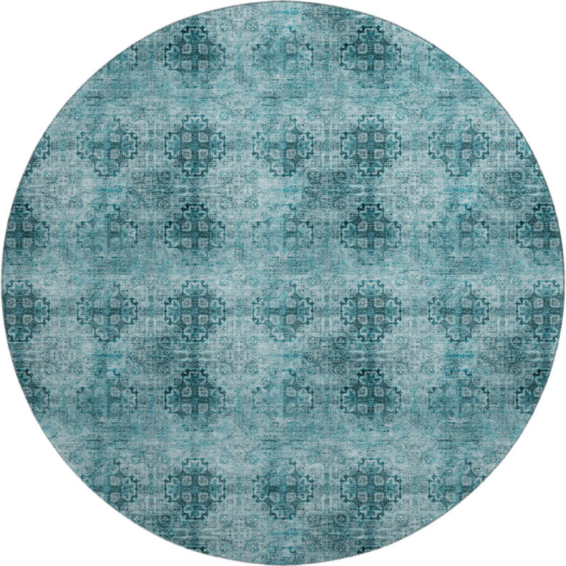 Premium Machine Washable Cerrito AMF557 Teal Rug, Round 8'