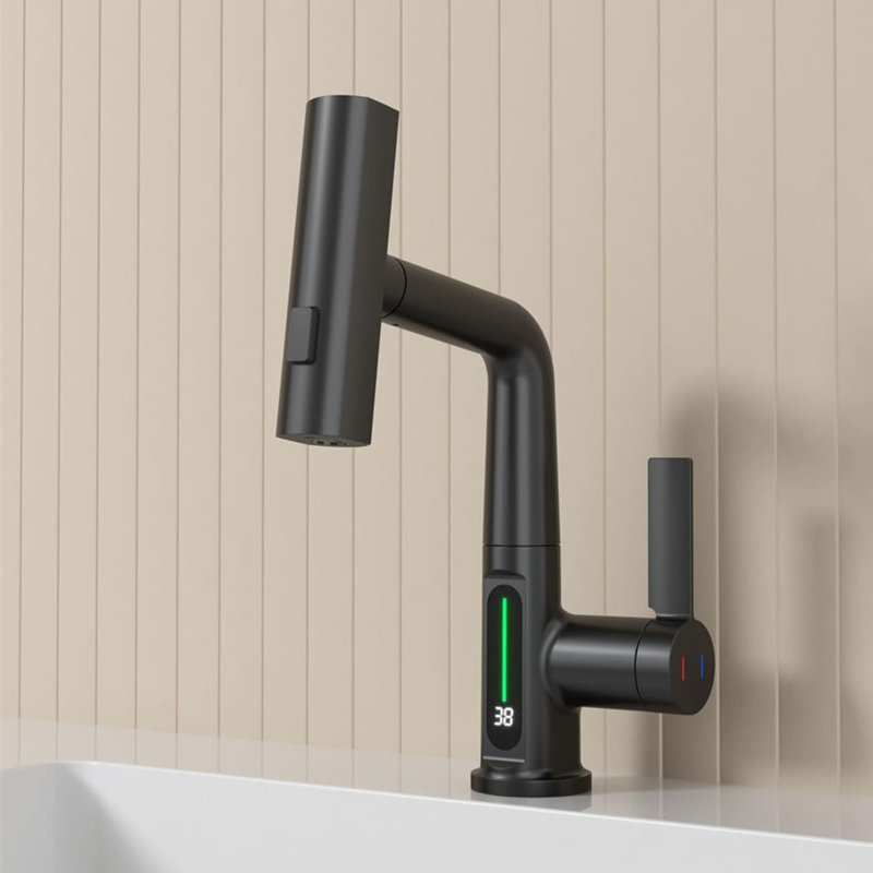 LED Temperature Digital Display Bathroom Faucet With Pull Out Sprayer Single Hole Lift Bathroom Sink Faucets Single Handle Stainless Steel Bathroom Basin Taps