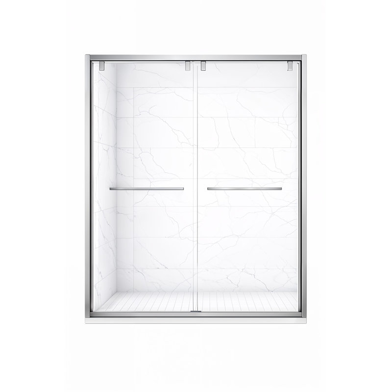 Strata (NBB-622) Porte de douche coulissante double encadrée 60 po x 76 po - Verre trempé 8 mm, nickel brossé