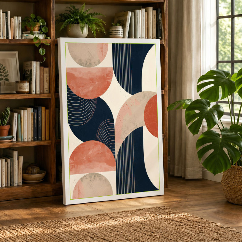 Geometric Harmony Mid-Century 1 Piece Wrapped Canvas Wall Art, 18x12 - 45.7 x 30.5 cm, Black Border
