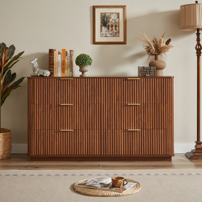 Commode 6 tiroirs, commode courbée moderne de 55 po de largeur, meuble télé, organisateur de tiroir en bois