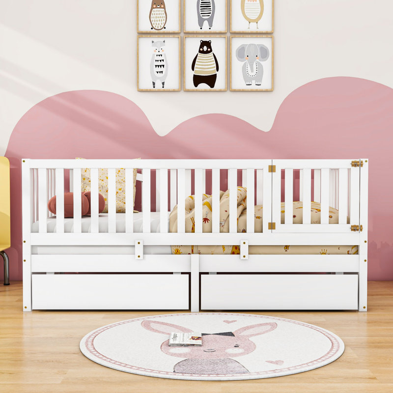 Wooden Floor Bed with Guardrails and 2 Drawers, White, Twin