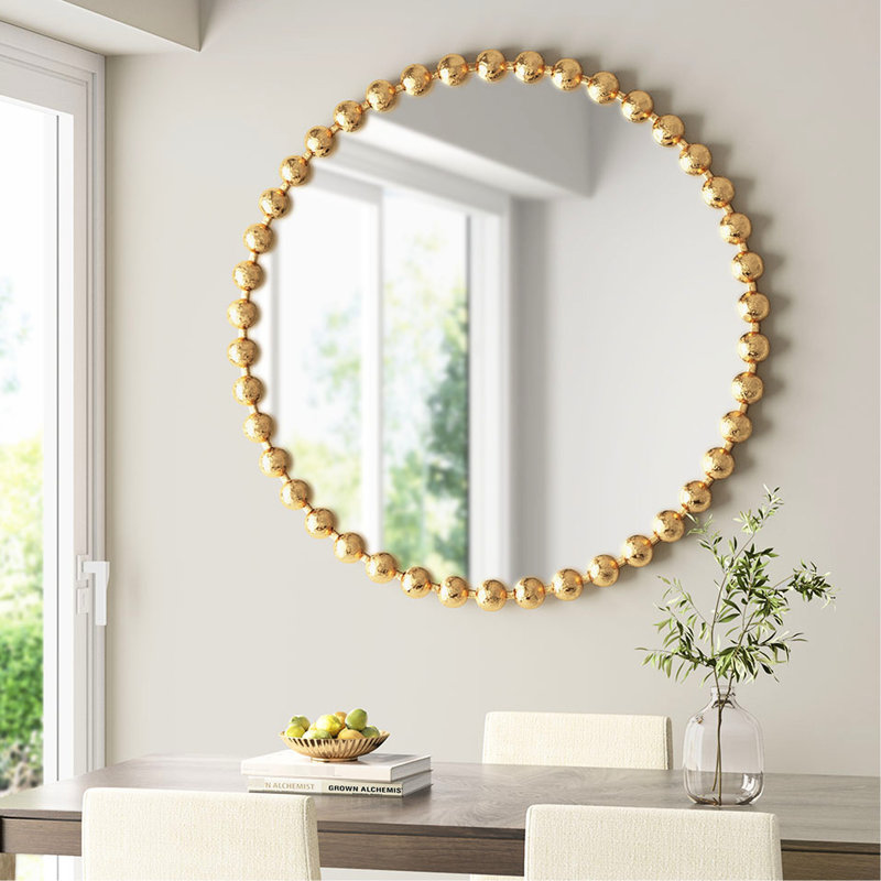 Miroir rond perlé de 36 po de diamètre, finition métallique dorée, structure en fer, miroir en verre à support, miroir mural suspendu de 36 po de diamètre, antique, cadre, prêt à accrocher, accessoire de décoration