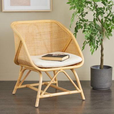 Cole And Grey Rattan Woven Squared Living Room Accent Chair With White Fabric Cushion