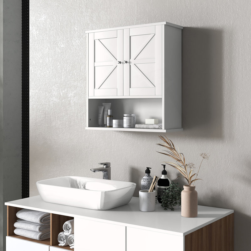 Armoire de salle de bain murale Farmhouse avec tablettes ouvertes et réglables, Blanc