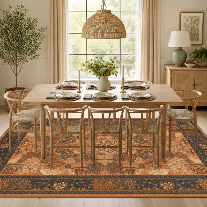 Tapis lavable Peacock Botanical, Orange, Rectangle 9' x 12'