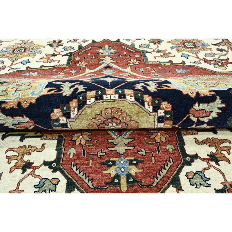 Hand Knotted Wool Oriental Area Rug in Ivory/Red, Round 8'